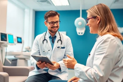 Engaging doctor reviewing Health information with patient in a modern clinic setting.