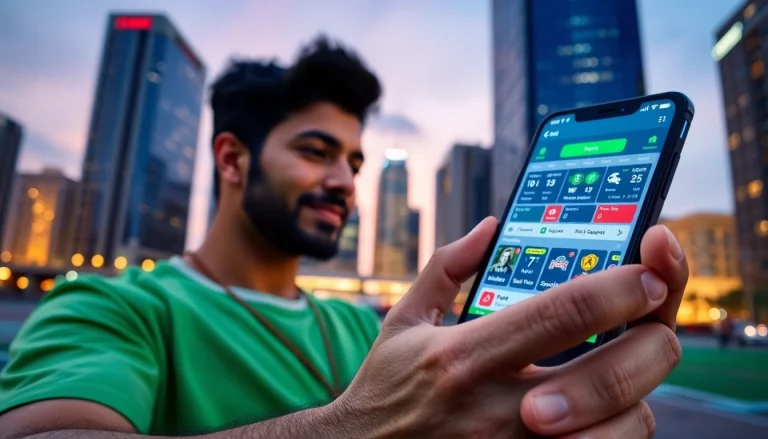 Engaging view of sports betting apps India on a smartphone amidst a vibrant city backdrop.