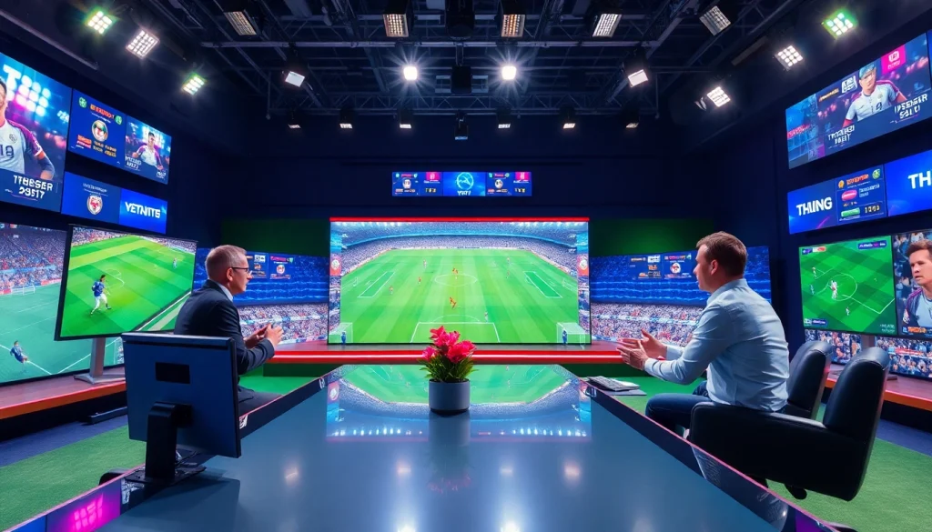해외축구중계 관련 전문가가 분석하는 장면을 보여주는 스포츠 중계 이미지