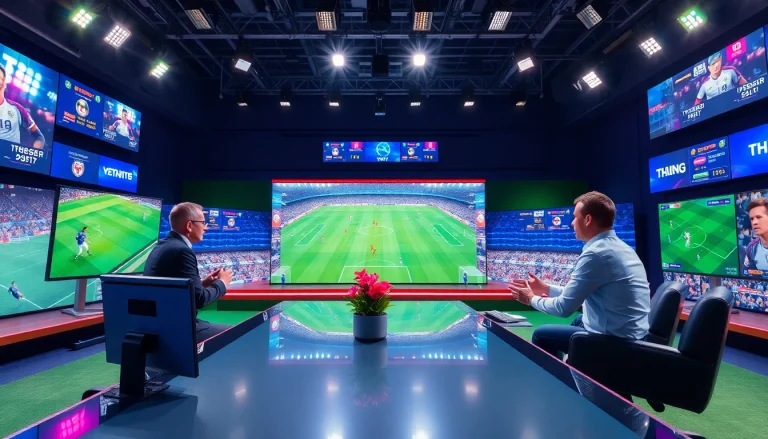 해외축구중계 관련 전문가가 분석하는 장면을 보여주는 스포츠 중계 이미지