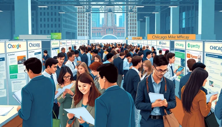 Networking at a free job post chicago fair with diverse candidates engaging with recruiters.