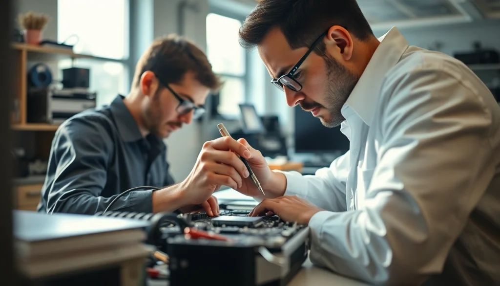 Expert computer repair technician working diligently on fixing a laptop.