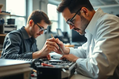 Expert computer repair technician working diligently on fixing a laptop.
