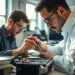 Expert computer repair technician working diligently on fixing a laptop.
