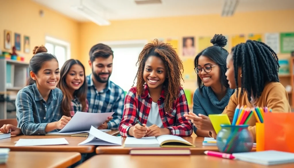 Students engaging in interactive learning and collaboration about Education in a bright classroom