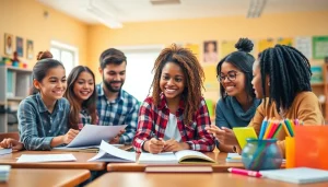 Students engaging in interactive learning and collaboration about Education in a bright classroom