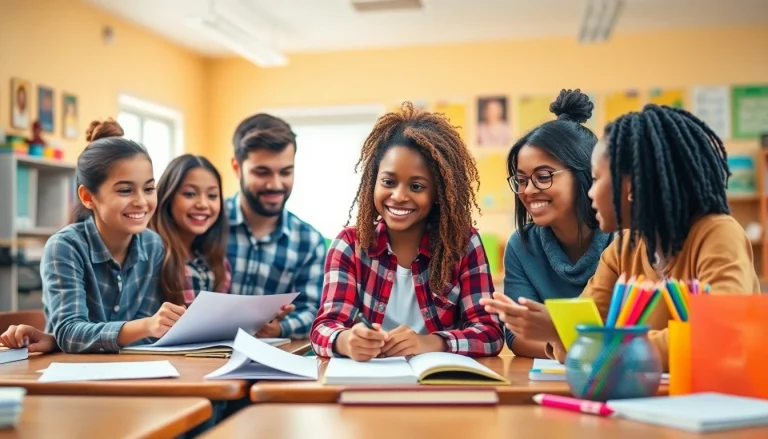 Students engaging in interactive learning and collaboration about Education in a bright classroom