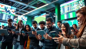 Experience the excitement of the best sportsbooks in Brazil through betting enthusiasts immersed in a lively environment.