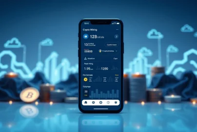 Crypto mining app interface on smartphone surrounded by digital currency elements.