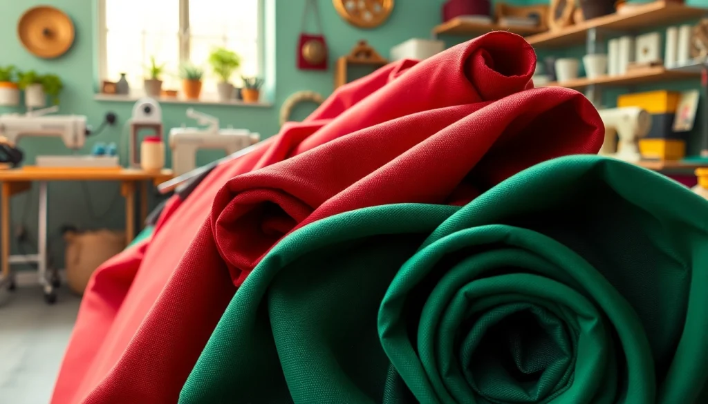 Bekijk Punta di Roma stof in een levendige naaiatelier-setting met kleurrijke rollen.