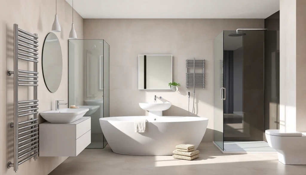 Sonni sanitär GmbH bietet hochwertige Badezimmerprodukte in einem modernen Badezimmerarrangement.