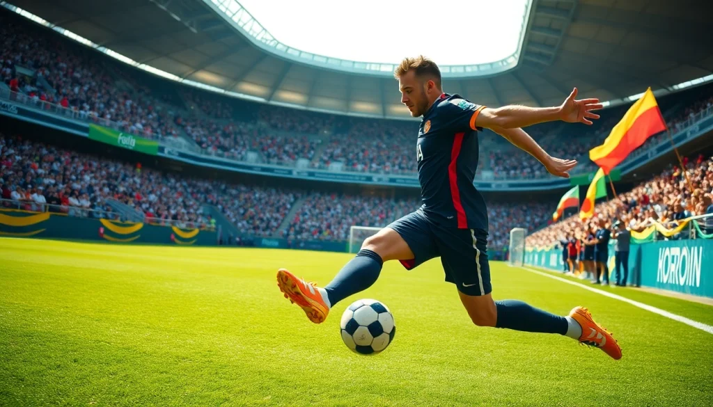 축구중계 중인 역동적인 선수가 멋진 킥을 실행하는 모습입니다.