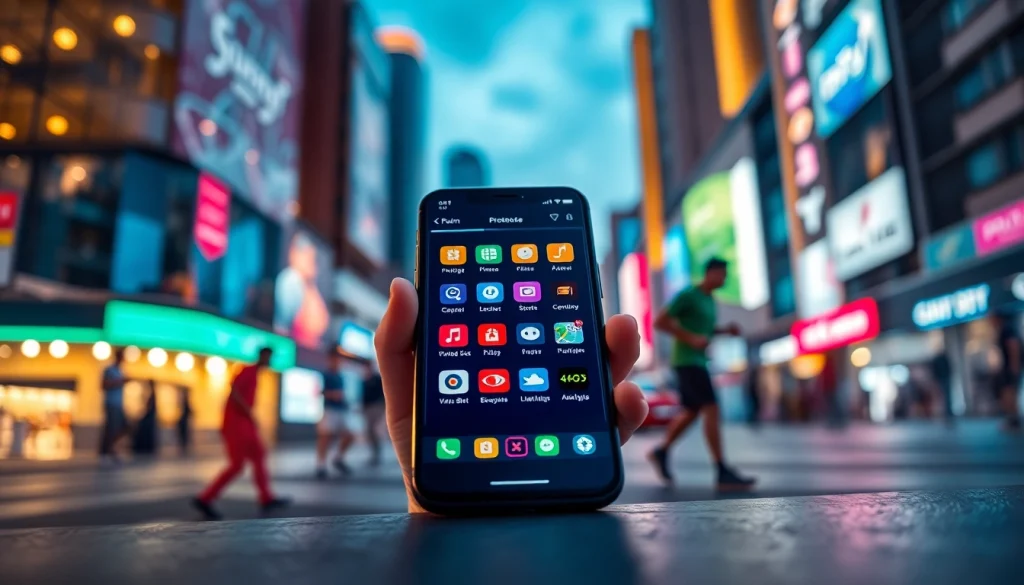 Showcasing sports betting apps India on a mobile device against a vibrant city backdrop.