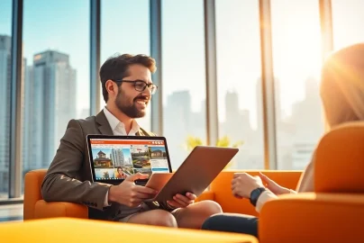 Real Estate agent discussing listings with client in stylish office space.