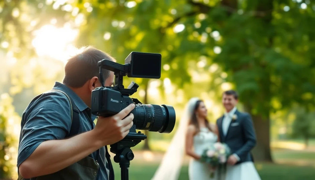 Professional videographers in Toronto filming a wedding outdoors with vibrant greenery.