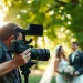 Professional videographers in Toronto filming a wedding outdoors with vibrant greenery.
