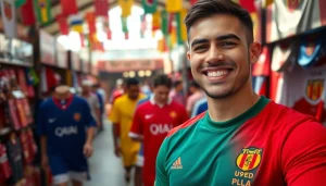 Shop for vibrant discount football shirts in a lively marketplace setting with enthusiastic fans.