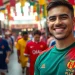 Shop for vibrant discount football shirts in a lively marketplace setting with enthusiastic fans.