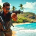 Dramatic illustration of Aloha and Bullets depicting Leroy Silver in an action-packed chase across a Hawaiian beach.