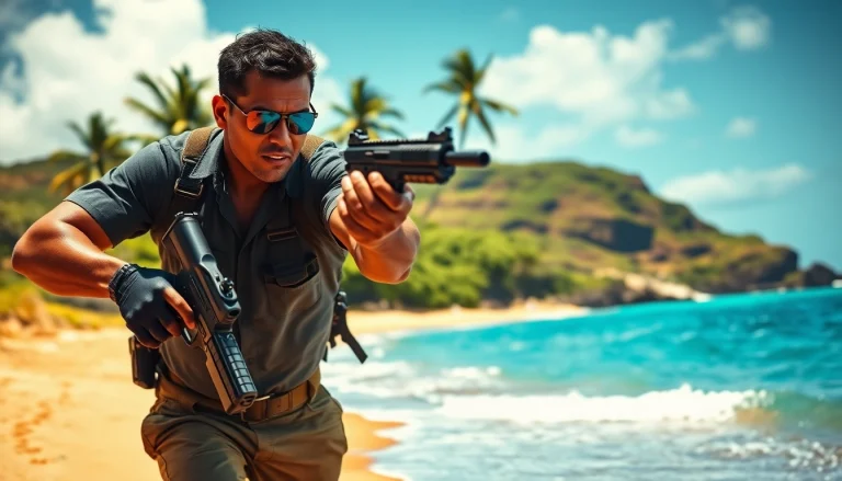 Dramatic illustration of Aloha and Bullets depicting Leroy Silver in an action-packed chase across a Hawaiian beach.