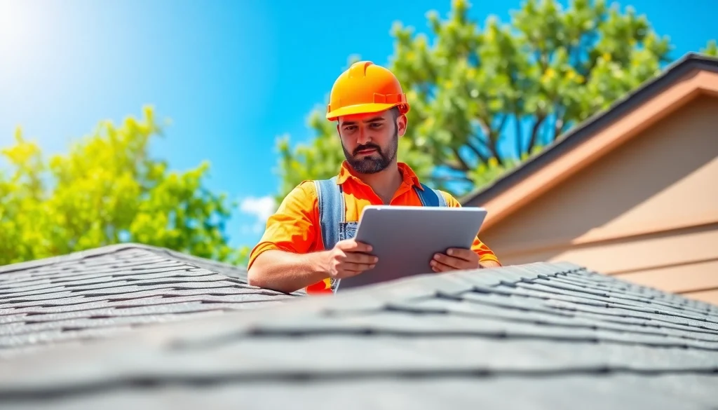 Inspecting reliable roofing services with a contractor at work, showcasing professionalism and quality.