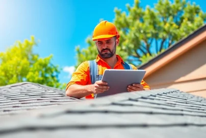 Inspecting reliable roofing services with a contractor at work, showcasing professionalism and quality.