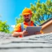 Inspecting reliable roofing services with a contractor at work, showcasing professionalism and quality.