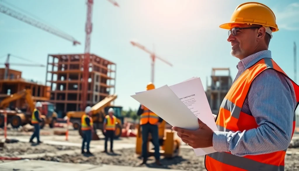 New Jersey Construction Manager supervising a dynamic construction site with workers and machinery.