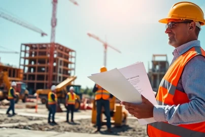 New Jersey Construction Manager supervising a dynamic construction site with workers and machinery.