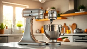 Showcase of a KitchenAid mixer NZ on a countertop, highlighting its design and functionality.