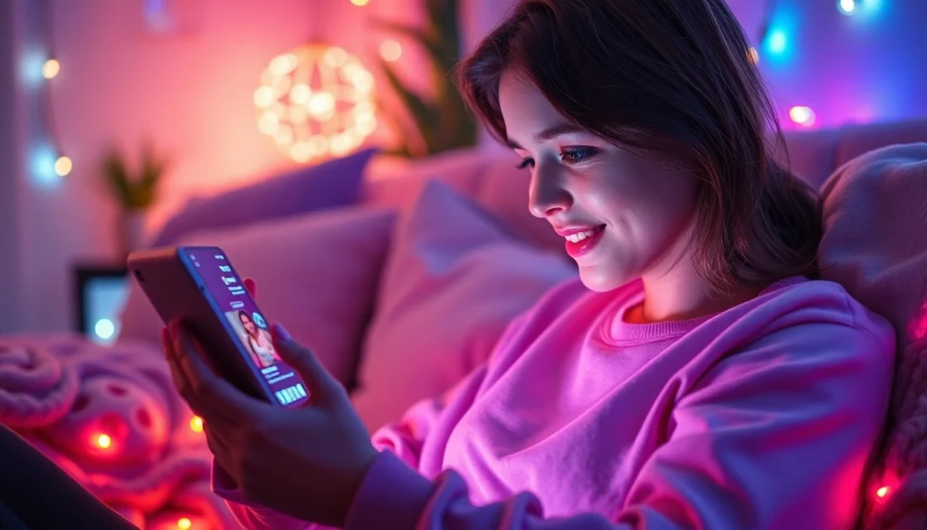 Engaging in AI sexting on a modern device in a cozy atmosphere.