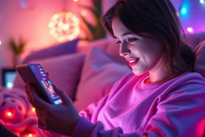 Engaging in AI sexting on a modern device in a cozy atmosphere.