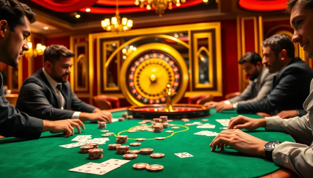 Thrilling gameplay at THABET casino with intense poker action and vibrant roulette wheel.