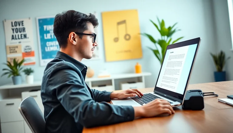 Enhance your Cover Letter Generation process with a professional at a laptop in a vibrant workspace.