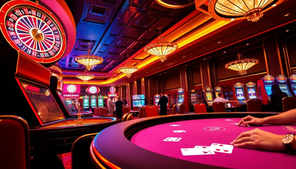 vb9 casino scene showcasing roulette and slot machine excitement with elegant decor and lively players.
