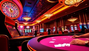 vb9 casino scene showcasing roulette and slot machine excitement with elegant decor and lively players.