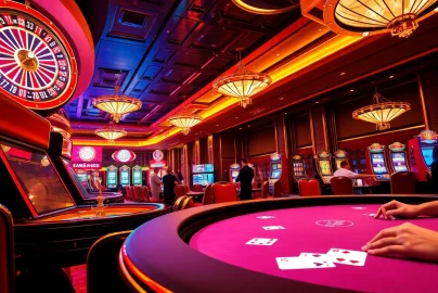 vb9 casino scene showcasing roulette and slot machine excitement with elegant decor and lively players.