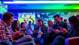 Engaging enthusiasts using sports betting sites Alabama in a vibrant and energetic setting.