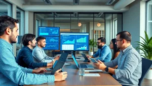 Chăm sóc website strategies with professionals collaborating in a modern office.