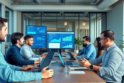 Chăm sóc website strategies with professionals collaborating in a modern office.