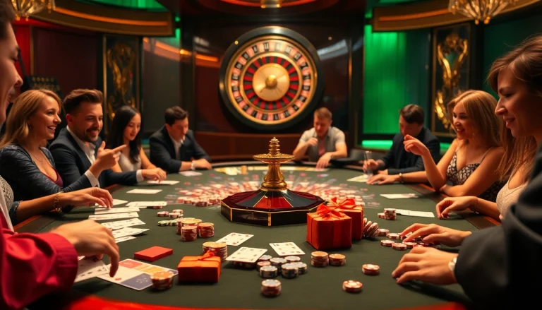 Players enjoying a vibrant casino atmosphere with cards and chips while using 상품권신용카드 for transactions.