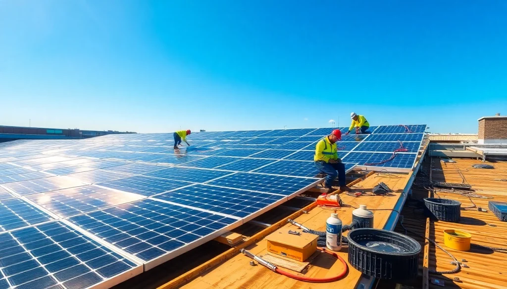 Installing Commercial solar panels Nottingham on a sunny day with an installation team at work.