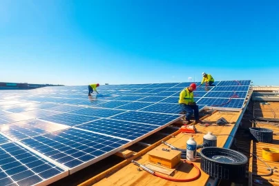Installing Commercial solar panels Nottingham on a sunny day with an installation team at work.