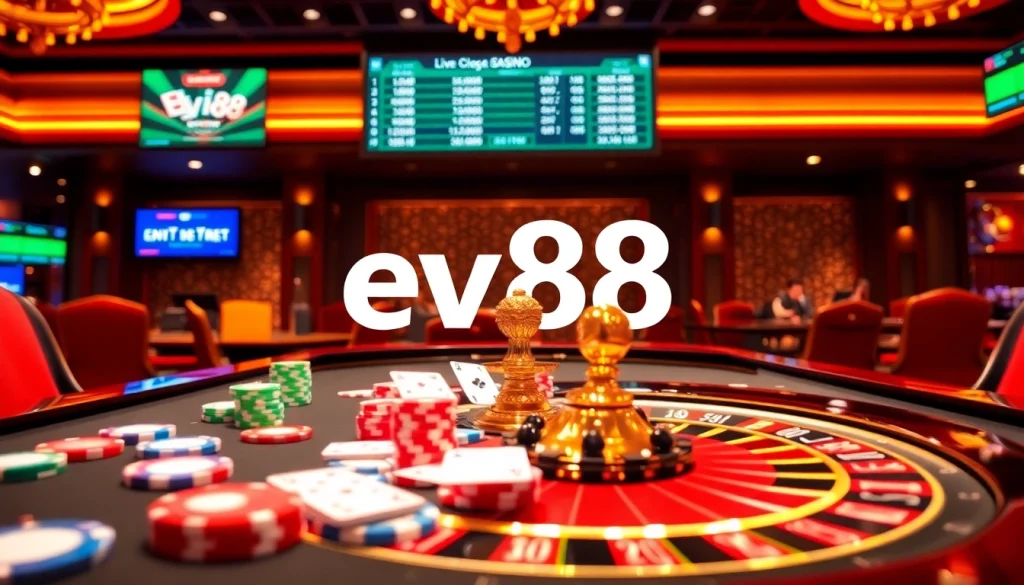 Experience the thrill of ev88 with vibrant casino elements like cards and chips.