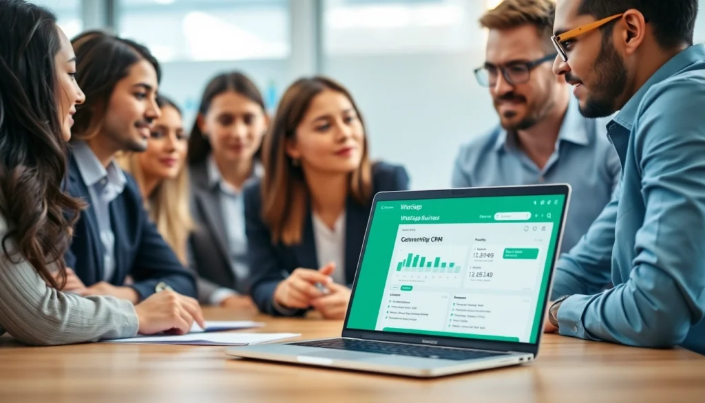 Team collaborating over WhatsApp Business CRM insights in a bright office.