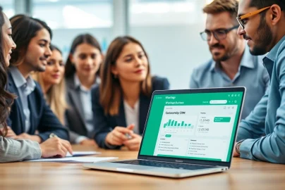 Team collaborating over WhatsApp Business CRM insights in a bright office.