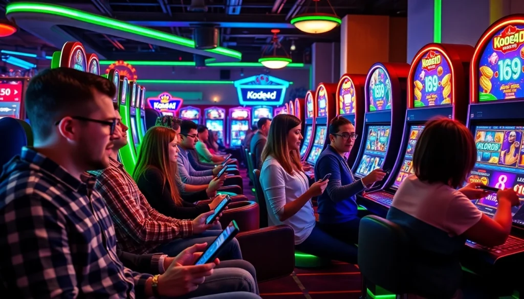 Kode4d slot gaming scene with players enjoying vibrant online slot machines.