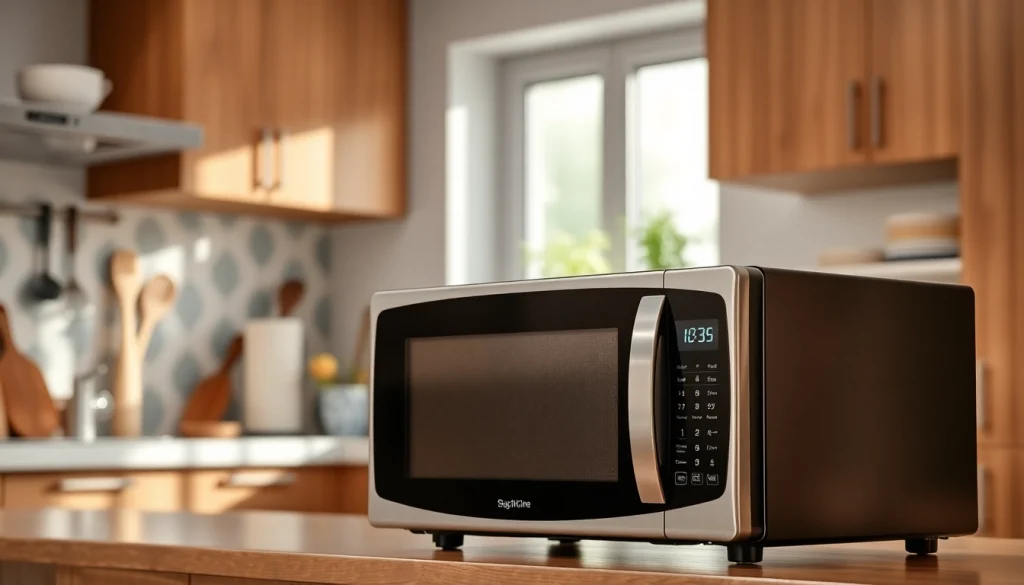 An attractive affordable microwave oven featured in a modern kitchen setting, showcasing sleek design and functionality.