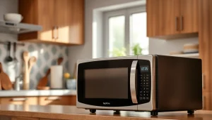 An attractive affordable microwave oven featured in a modern kitchen setting, showcasing sleek design and functionality.