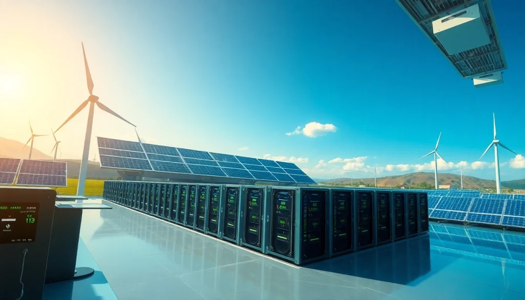 Dogecoin cloud mining in a modern facility powered by renewable energy, highlighting advanced AI technology.